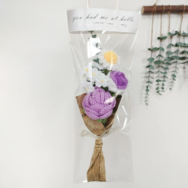 Färdig stickad virkad blombukett handvirkad bukett blandad handgjord DIY stickad blomma ros solros