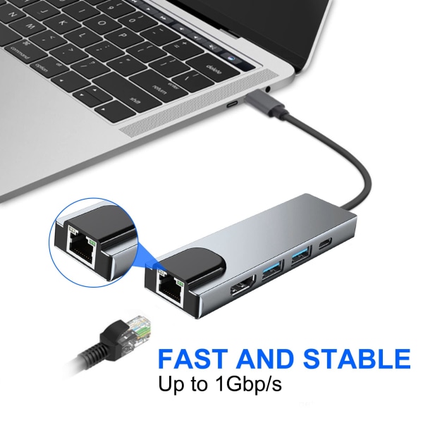5-in-1 USB-C-telakka-asema, tyyppi C - HDMI-sovitin, RJ45 Ethernet, 4K HDMI, 100 W PD, 2 USB 3.0 yhteensopiva MacBook Pro / Air ja tyyppi C -laitteiden kanssa