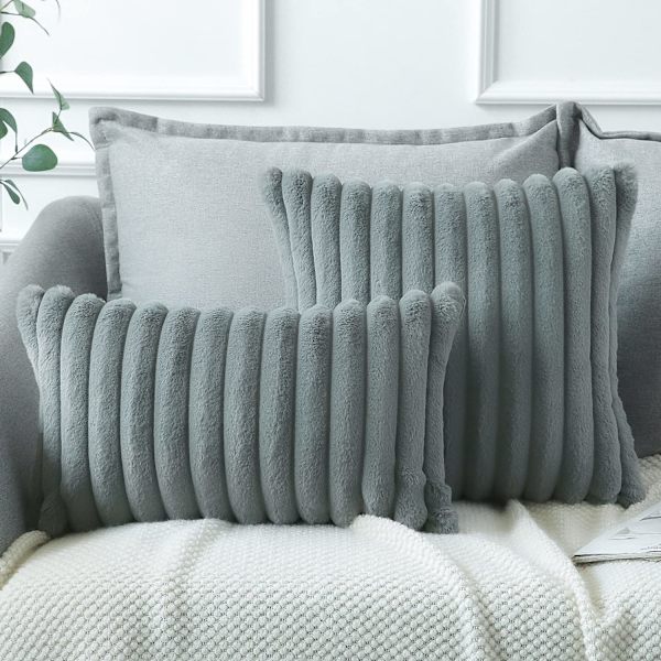 Set med 2 plysj velour putetrekk, mykt kunstig pels dekorativt putetrekk, sofa dekorative putetrekk (30 x 50 cm, grå)