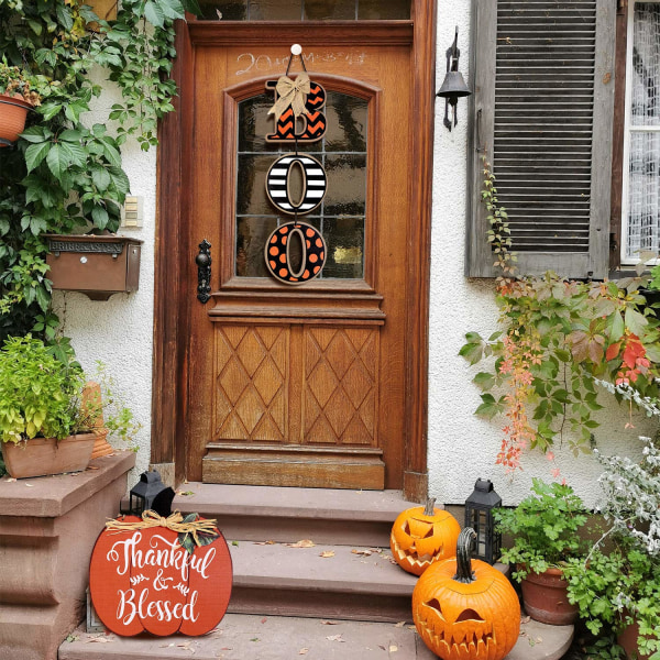 Halloween booskylt för ytterdörr höst dörr dekoration Thanksgiving trä pumpa Tacksam och välsignad skylt Skörd hösten hängande vägg dörr dekoration