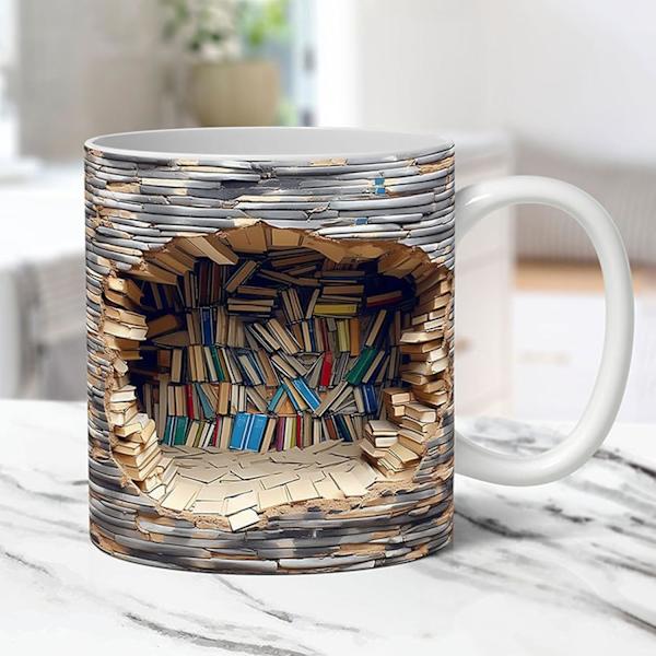 3D Bogreol Kop | Bibliotekshylde Kop 11 Oz | Kreativ Rumdesign Multifunktionel Keramik Kop, Bogelskere Kaffeekop, Cool Fødselsdag til Læsere C