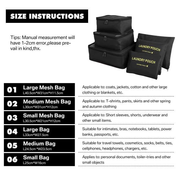6st researrangör packning kuber set Hållbar resebagage arrangörer resväska förvaringsväskor Kompressionspåsar för resetillbehör