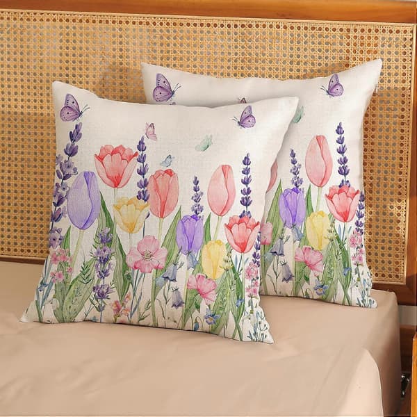 2-delt sæt med blomstrede pudebetræk, tulipaner, lavendel, blomster