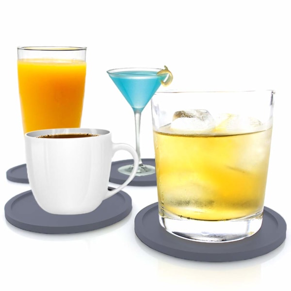 Drikkeglassæt med 6, silikone skridsikker vaskbare kopmåtter Coaster til drikkevarer hjemme og udendørs (grå)