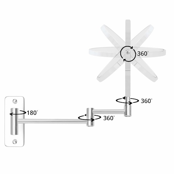 360° Uttrekkbart Svingbart Veggspeil med 5x Forstørrelse, 22 x 20,7 cm, Rustfritt Stål, Dobbeltsidig Sminke- og Barberingsspeil.
