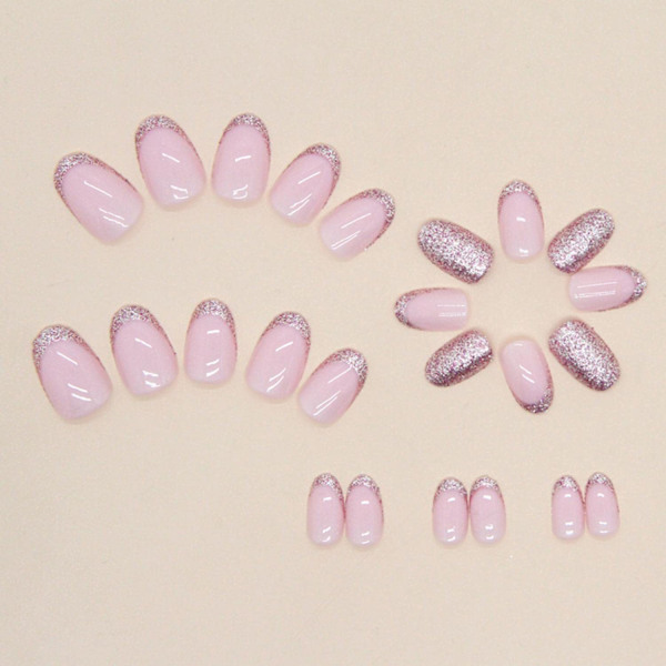 24 st Almond Press on Nails Korta, Fransk Spets Falska Naglar Glansig Rosa Glitter Falska Naglar med Lim Stickers, Oval Akryl Full Cover Lim på Naglar