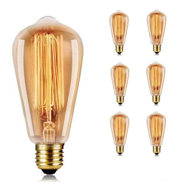 Vintage Edison Glødelampe 40W - Dæmpbar Skrue ST64 - E27 Sockel 220V Glødepære Klassisk Antik Pærestil - Varm Hvid 2700K - Ravfarvet Glas