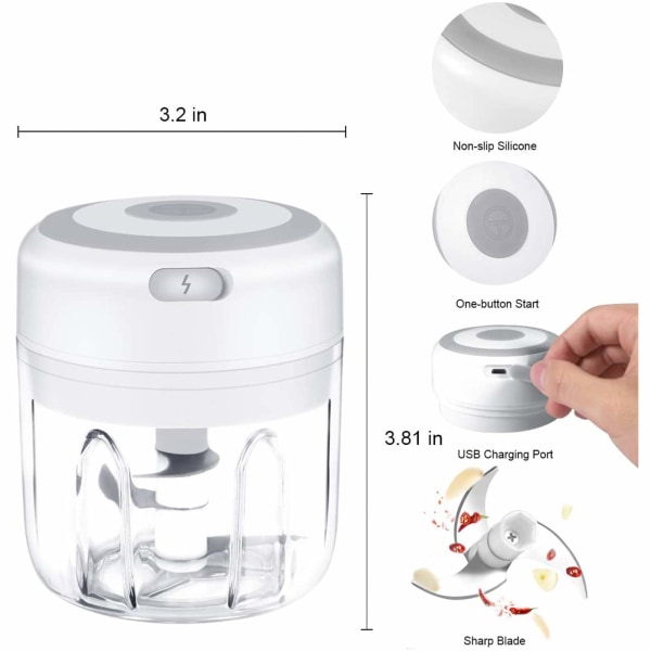 Hvidløg Hakker, Trådløs Elektrisk Blender, USB Opladning (250ML)