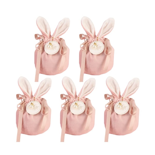 Pääsiäiskarkkikassit, 5 kpl suklaakorujen organizer samettilaukut sarjakuva Rabbit Ears Party -lahjapakkauspussit leipomojuhliin (vaaleanpunainen)