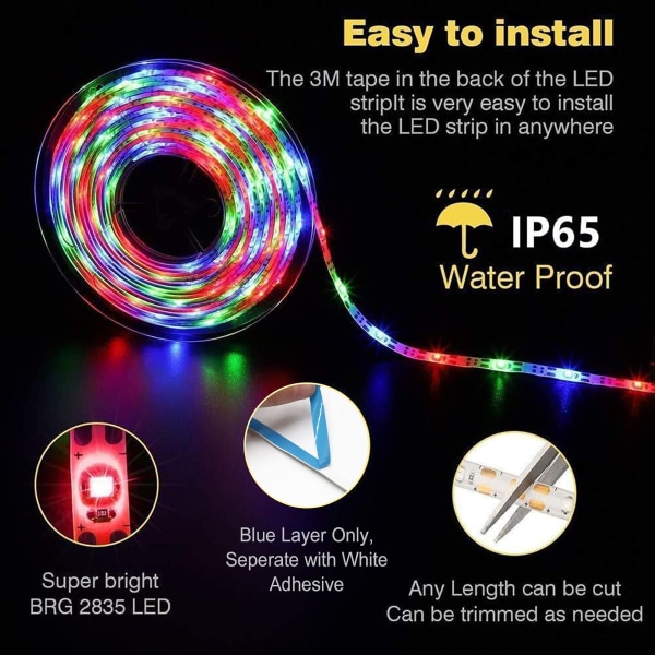 3 m batteridrevet RGB LED Strip lys med fjernbetjening, vandtæt fleksibel selvklæbende Strip belysning indendørs og udendørs