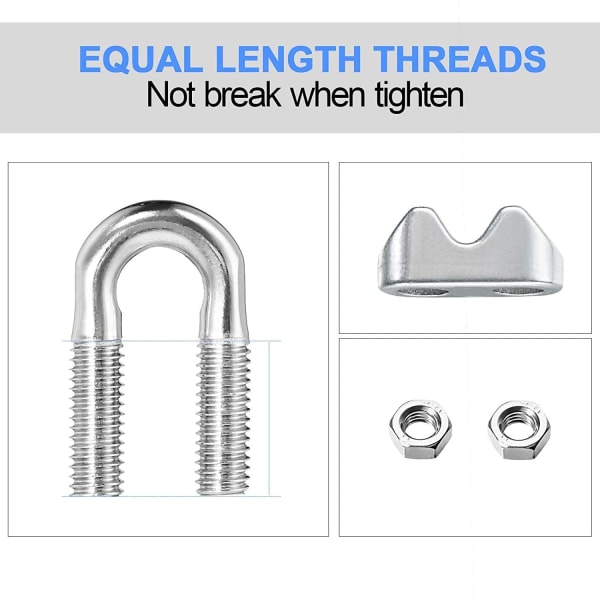 10 stk. Wire Rope Cable Clip Clamps M5, Galvanisert stål U Bolt Saddle Feste for Rigging Rope og spenningskabel Hage Spennings Wire Ropes