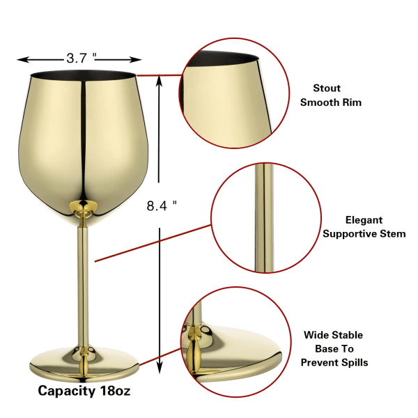 Guldvinglas Set om 4, 550ml Okrossbar Guldpokal, Rostfritt Stålvinglas, Unikt och Bärbart Metallvinglas gold