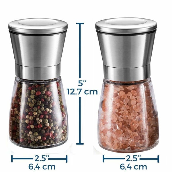 Salt- och set – Premium salt- och pepparkvarn i rostfritt stål med glaskropp och justerbar grovhet