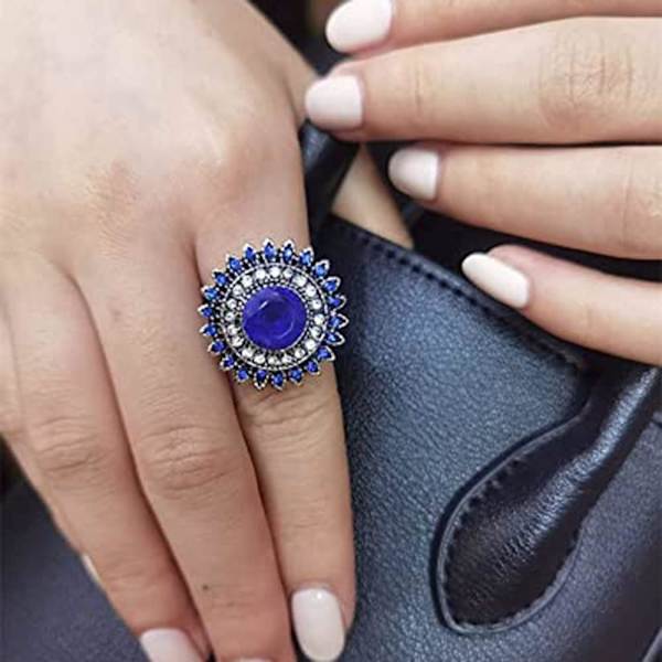 Vintage Blå Solros Statement Ring för Kvinnor Flickor Antik Rund Kristall Onda Ögon Skydd Justerbar Bröllopsfest Ringar Komfort Konst Smycken