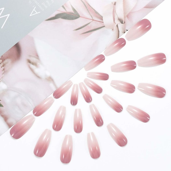 Långa Falska Naglar Rosa Vit Gradient Tryck på Naglar Akryl Naglar