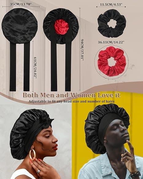Satin Bonnet för Sömn Kvinnor Dubbellager Hårmössa med 2 st Hårsnoddar Elastiskt Band Nattmössa black