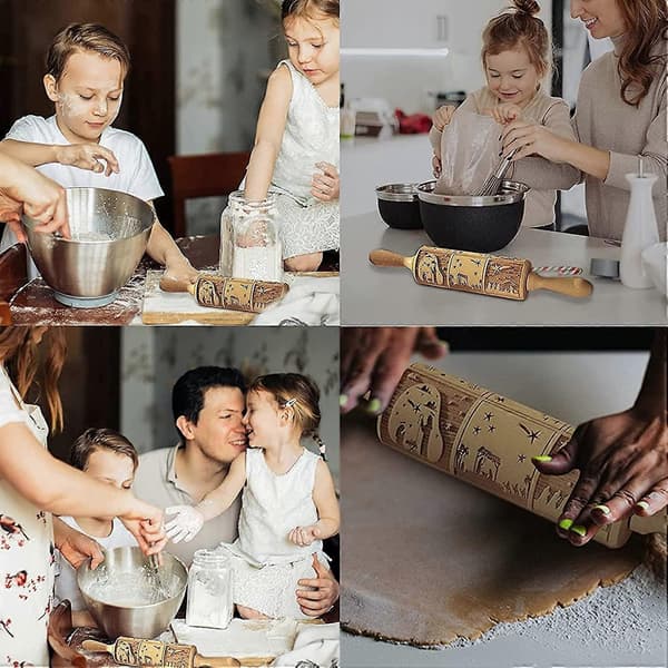 Gravert Julekrybbe Kjevle, DIY Kakeverktøy med Preget Gravering Kjevle for Baking Pregede Kaker (1 stk)