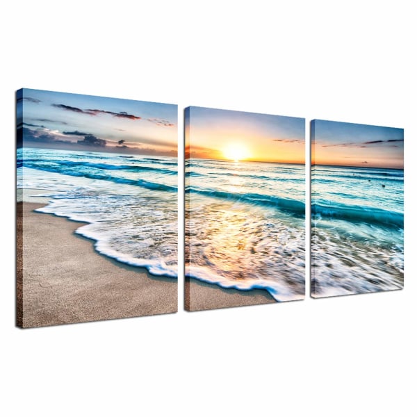 Stranddekor Inramad väggkonst - 3 paneler Sea Wave Sunset Poster Print Hemkontorsdekorationer för vardagsrummet