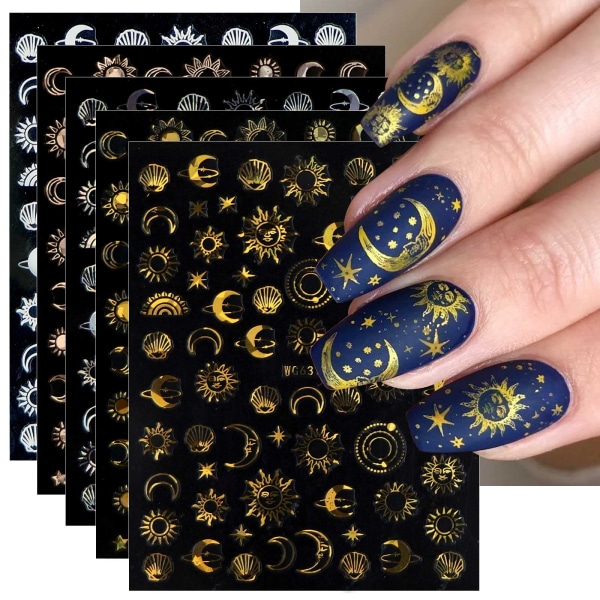 10 ark Moon Star Sun Nail Art Stickers Decals Selvklæbende Farverige Rose Gold Negle Supplies Negle Art Design Dekoration Tilbehør