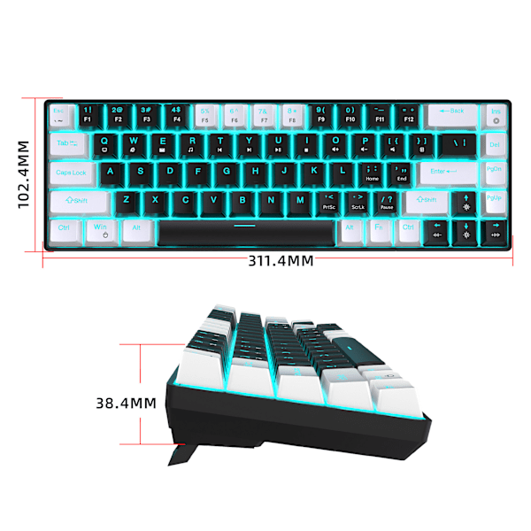 Trådbundet mekaniskt spelande tangentbord, isblå LED-bakgrundsbelyst 68 tangenter Mini trådbindningskontor tangentbord för Windows bärbar dator PC Mac black/white