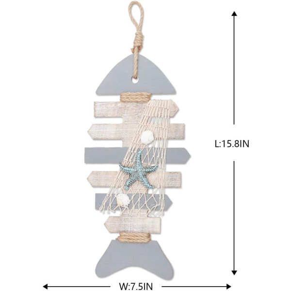 40 CM Trefisk av tre med sjøstjerne og skjell for nautisk dekorasjon, veggdekor dørhengende ornament strandtema hjemmedekorasjon