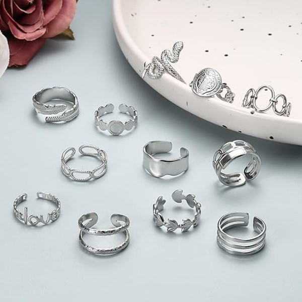 18K Silverpläterade ringar för kvinnor, rostfritt stål statement ringar pack staplingsbara boho midi ringar justerbara öppna ringband tvinnade signetringar silver