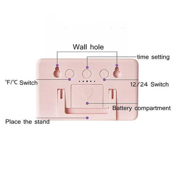 Digitalt alarmtermometer LED indendørs elektronisk fugtighedsmåler ur hjemmekontorur (farve: Pink, størrelse: 9,6 * 5,8 * 1 cm)