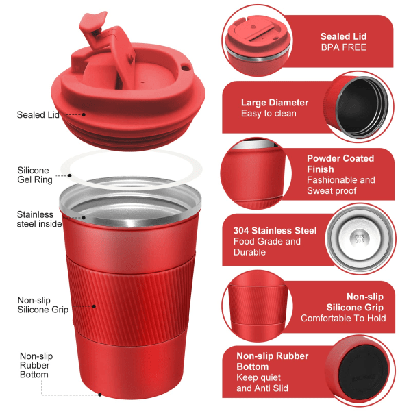 Resemugg med läckagesäkert lock, isolerad kaffemugg (röd)