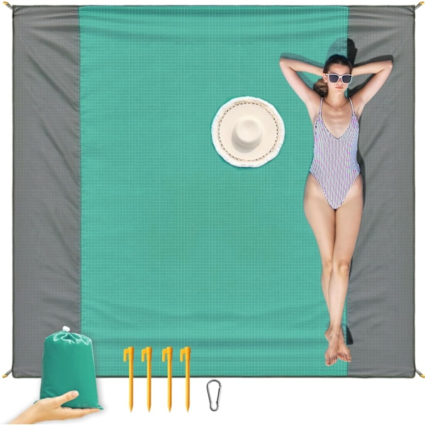 Strandfilt Picknickfilt, Extra Stor 210 x 200cm/79 * 83IN Vattentät Sandtät Vattenavvisande Strandmatta med 4 Fasta Spikar, Förstärkt Kant green
