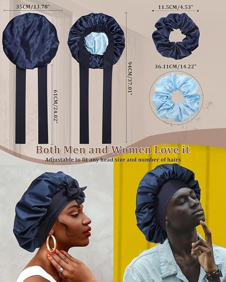 Satin Bonnet för Sömn Kvinnor Dubbellager Hårmössa med 2 st Hårsnoddar Elastiskt Band Nattmössa Navy Blue + Light Blue
