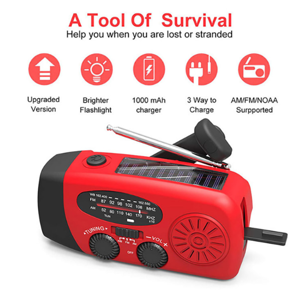 Solar Wind Up Radio, bærbar håndsving AM/FM-nødradio med LED-lygte SOS-alarm, Genopladelig USB-telefonoplader lommelygte til camping