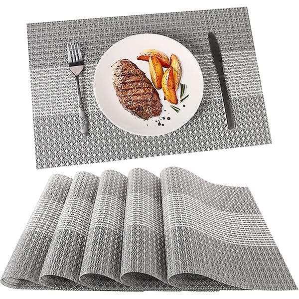 Set med 6 tvättbara placemats i PVC-plast (glittergrå)