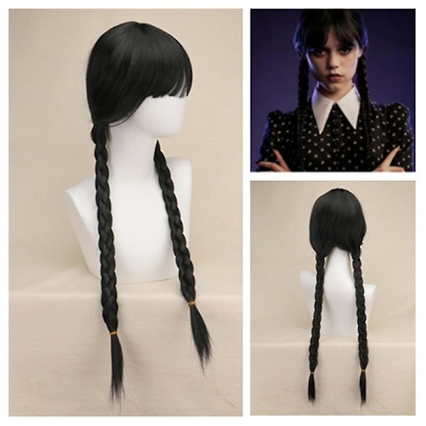 Wednesday Addams Parykk med Parykkhette Svart Parykker for Wednesday Kostyme Lang Svart Flettet Parykk Fletter Parykker for Addams Fest