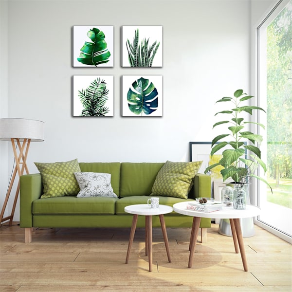 Botanisk väggkonst i grönt - 4 delar inramad tropisk målning Naturlig eukalyptus Monstera bladverk Canvas konstverk 4 delar 12x12 tum