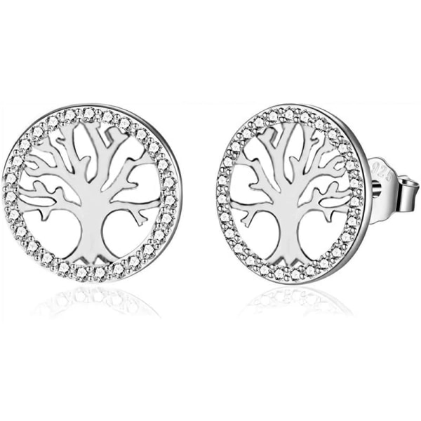 Tree of Life Örhängen för kvinnor, 925 Sterling Silver med Cubic Zirconia Runda örhängen Smycken Presenter för födelsedag Mors dag, Diameter 12 mm