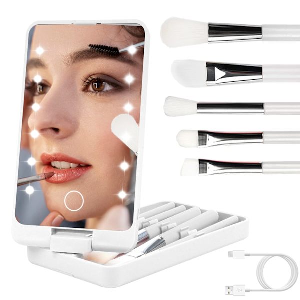 Forfængelighedsspejl med lys, bærbar toiletbord makeup spejl med 12 LED-lys og 5 stk børste 360° justerbar touch screen belyst bord spejl