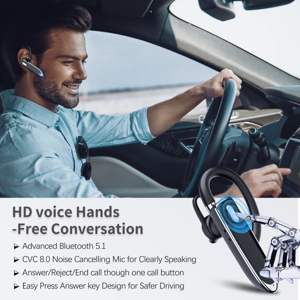Bluetooth Single trådlöst headset, USB-C-laddning, vattentäta hörlurar för bilkörning/affärer/kontor med Android/iOS, bärbar dator