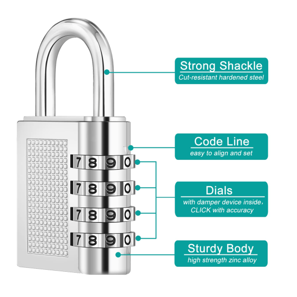 4-siffrig kombinationslås för skolskåp (2-pack, silver)