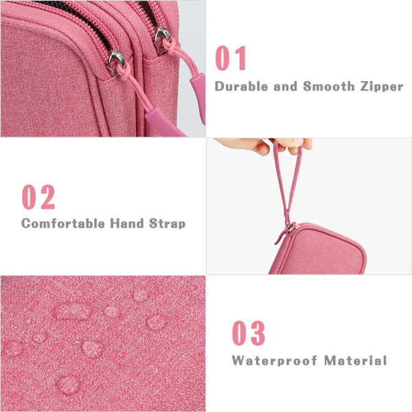 Elektroniktillbehör Organizerväska,Cable Organizer-väska,2-lagers bärbar vattentät resväska för kabel,SD-kort,laddare, power ,rosa