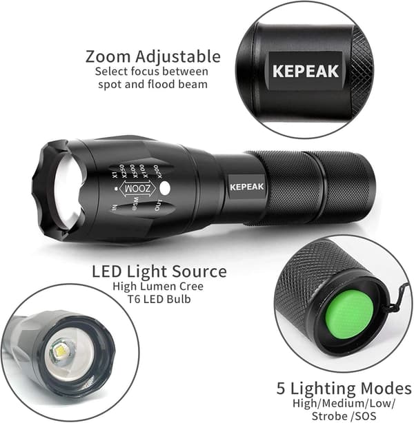 LED-lommelykt, 5 moduser, taktisk, IPX5 vanntett