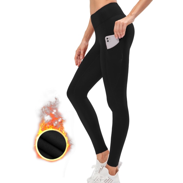 Fleeceforede termiske leggings for kvinner myk elastisk vintervarme gymleggings for kvinner Høyt midjet magekontroll yogabukser med lommer, XL, svart black XL
