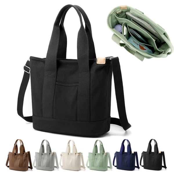 Multi-pocket mulepose med lynlås, Japansk håndlavet håndtaske i lærred med rum, multifunktions taske