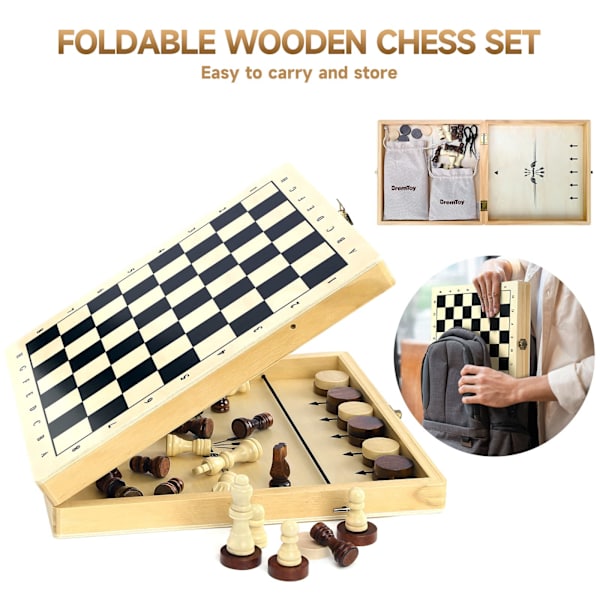 30x30x2,5 cm Trä Schack och Damspel Set, Fällbart & Bärbart Schackbrädeset för Resor, Pedagogiskt Schackbrädespel Set för Barn och Vuxna