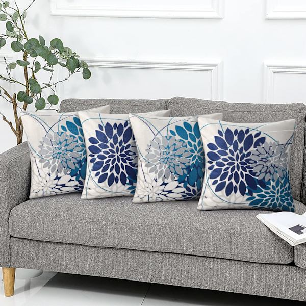 45x45 Utendørs Pute Sommer Høst Geometri Blomster Dekorativ Pute Elegant Putetrekk Marineblå og Teal Dekor Sofa Pute Sett med 2