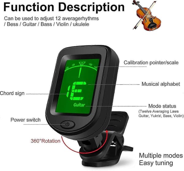 Gitarrstämmare Clip On - Digital Elektrisk Stämmare med LCD-Display, Elektronisk Stämmare för Akustisk Gitarr, Elgitarr, Bas, Ukulele och mer