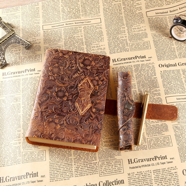 Antik handgjord läderbunden anteckningsblock - blankt papper 21x14cm