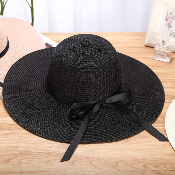 Naisten olkihattu kesä Bowknot taitettavat hatut aurinkohattu (musta)