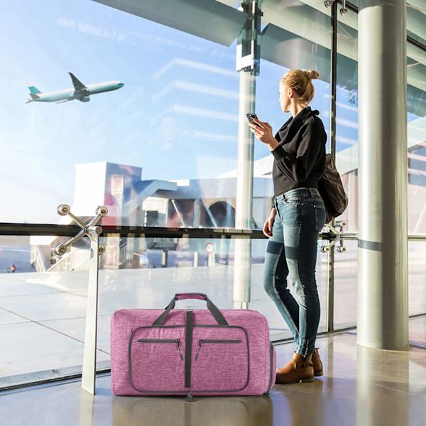 Rejsetaske til mænd og kvinder, 65L sammenklappelig rejsetaske med skorum, overnatningstaske, vandtæt og rivefast pink