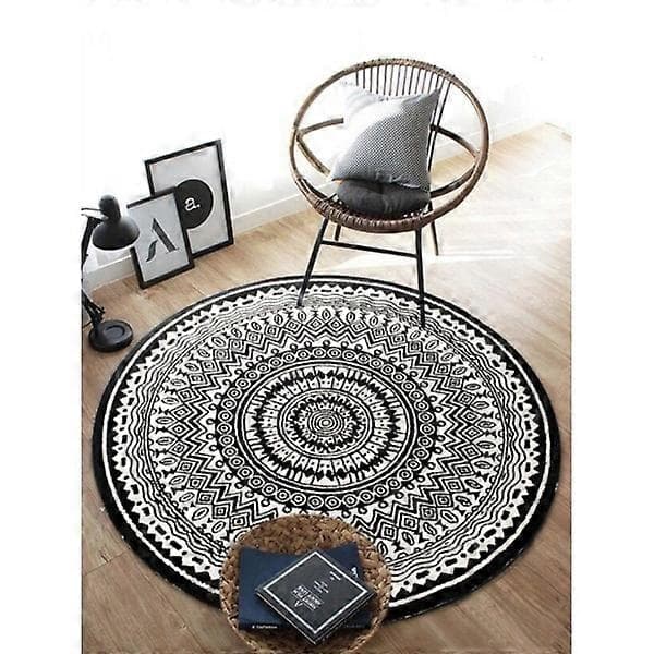 Rundt Tæppe 100cm Sort Mandala Blødt Badeværelsestæppe Skridsikkert Vaskbart Accent Kast Fluffy Gulvmåtte til Entré