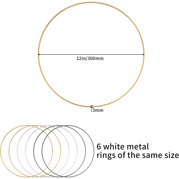 6 st Blommiga kransbågar, DIY Craft Ring, 30cm Guld Silver Svart